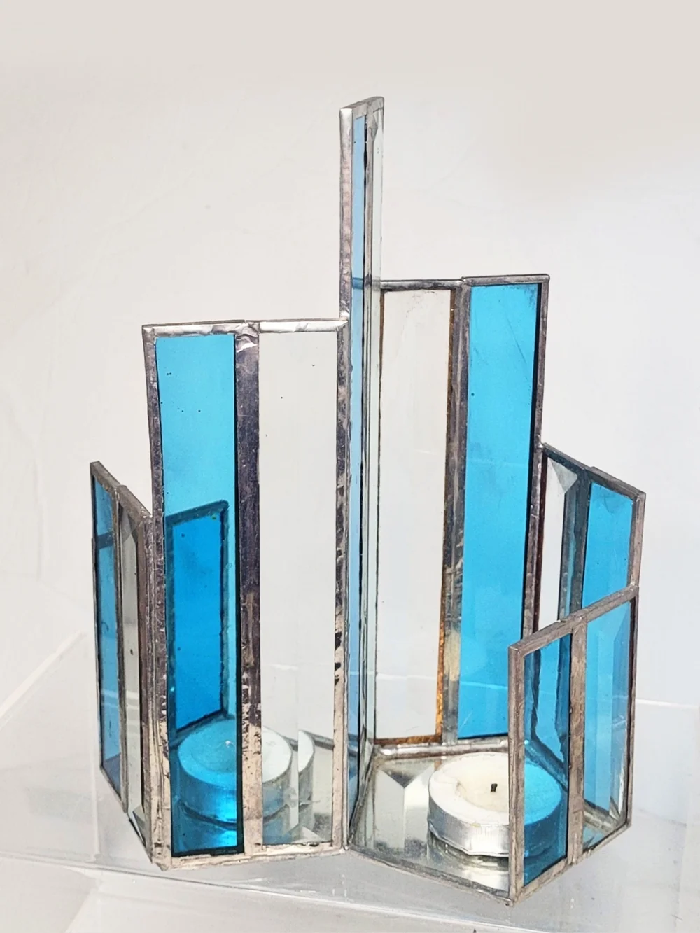 Vintage Unique Handmade Beveled Stained Glass Dual Candle Holder